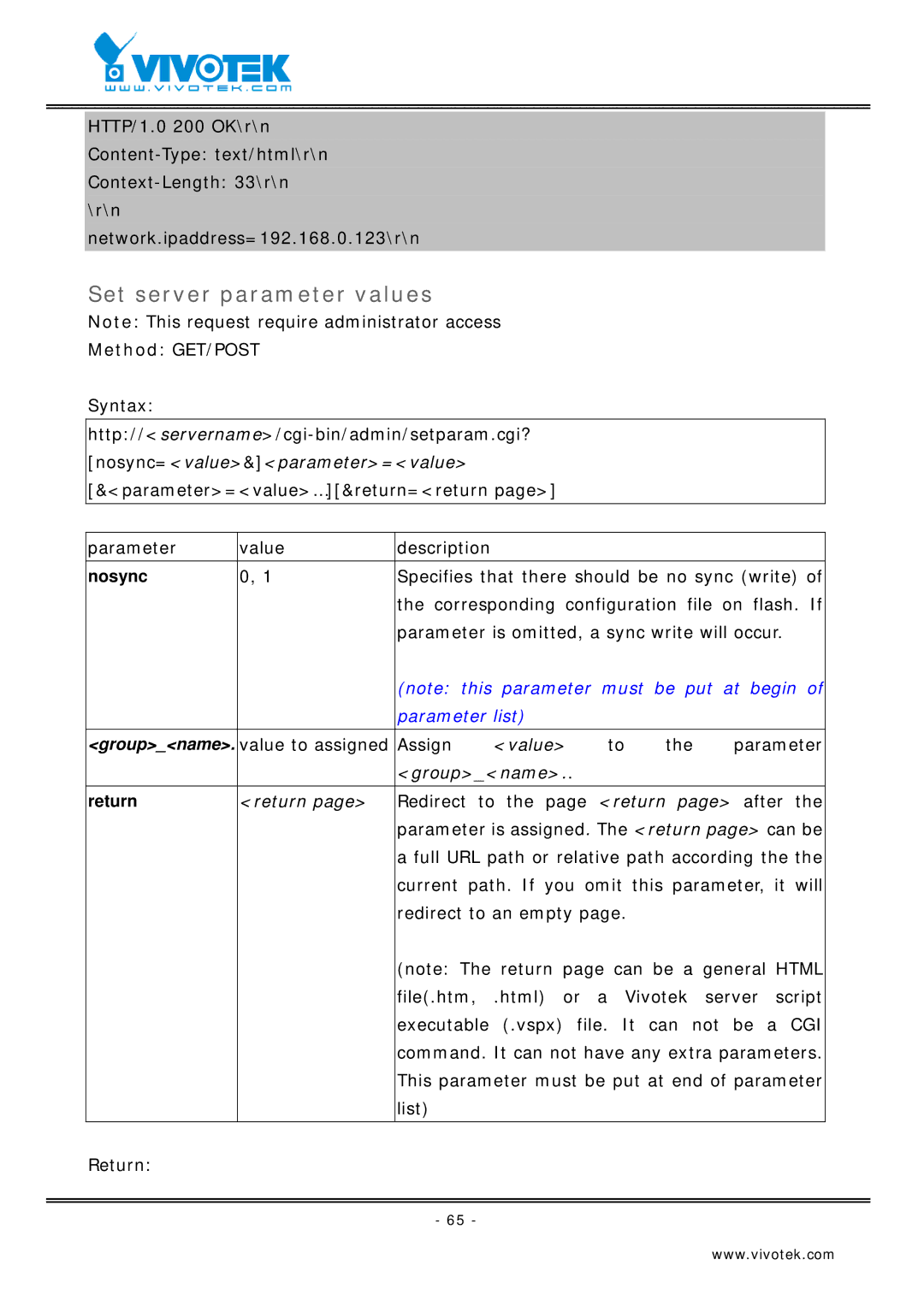 Vivotek VS2403 manual Set server parameter values, Nosync 