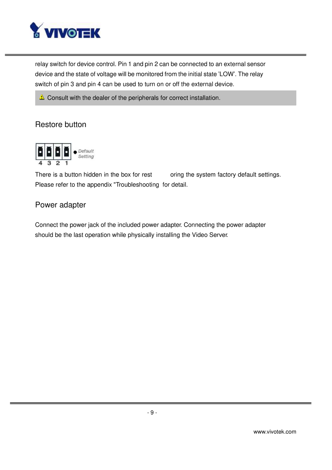 Vivotek VS3100P manual Restore button, Power adapter 
