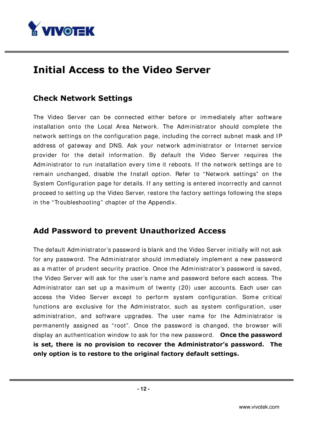 Vivotek VS3100P Initial Access to the Video Server, Check Network Settings, Add Password to prevent Unauthorized Access 