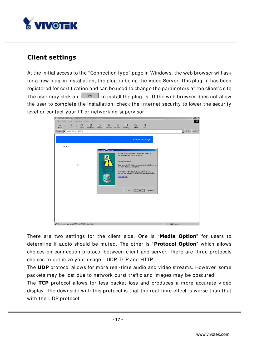 Vivotek VS3100P manual Client settings 