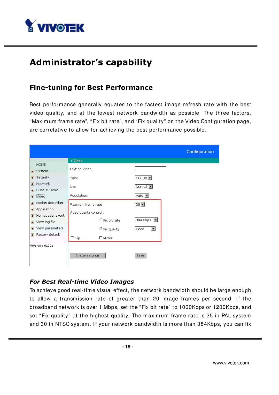 Vivotek VS3100P manual Administrator’s capability, Fine-tuning for Best Performance, For Best Real-time Video Images 