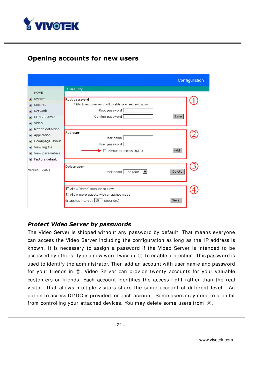 Vivotek VS3100P manual Opening accounts for new users, Protect Video Server by passwords 