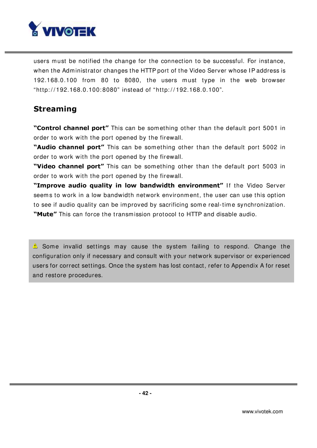 Vivotek VS3100P manual Streaming 