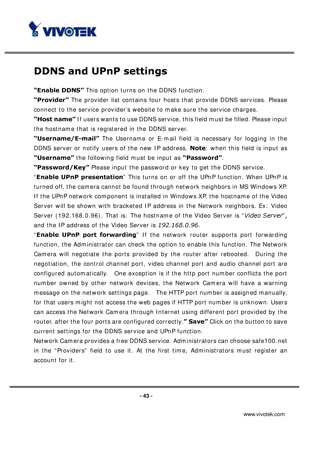 Vivotek VS3100P manual Ddns and UPnP settings 