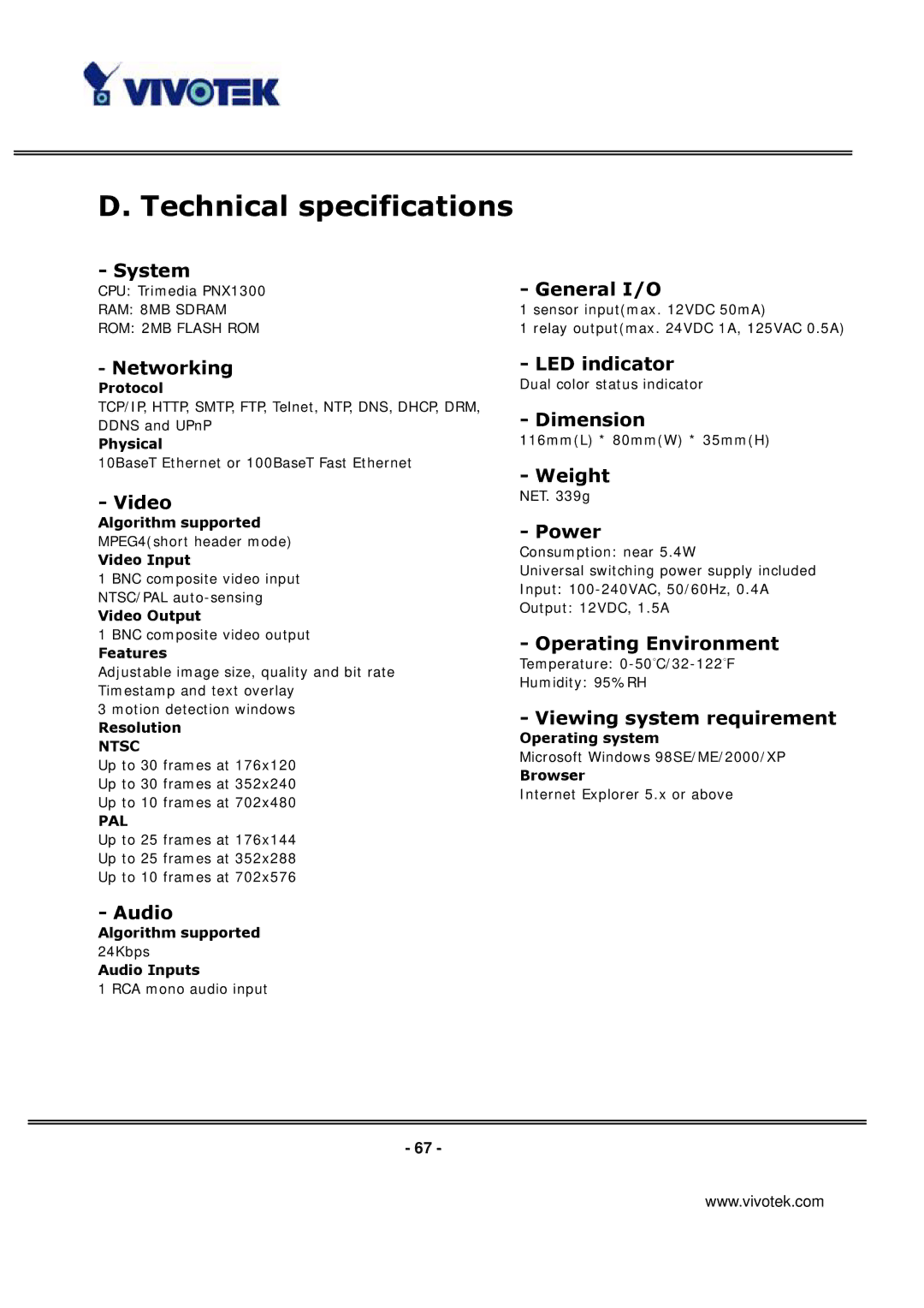 Vivotek VS3100P manual Technical specifications, System General I/O 