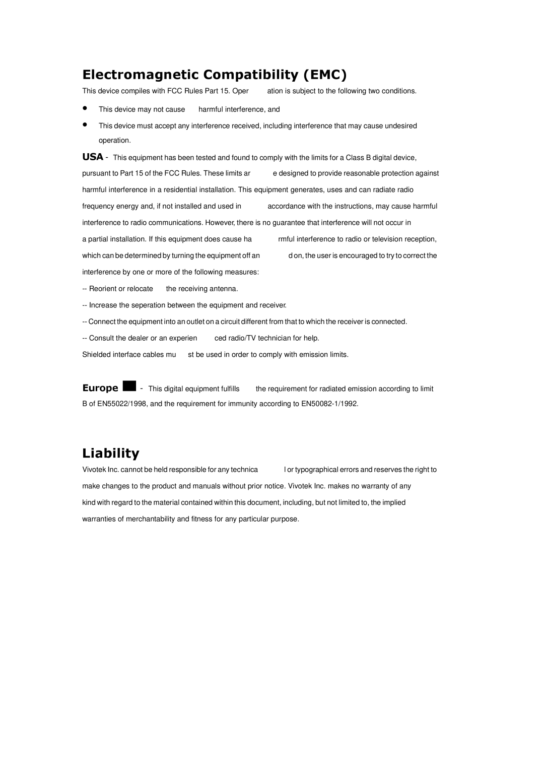 Vivotek VS3100P manual Electromagnetic Compatibility EMC, Liability 