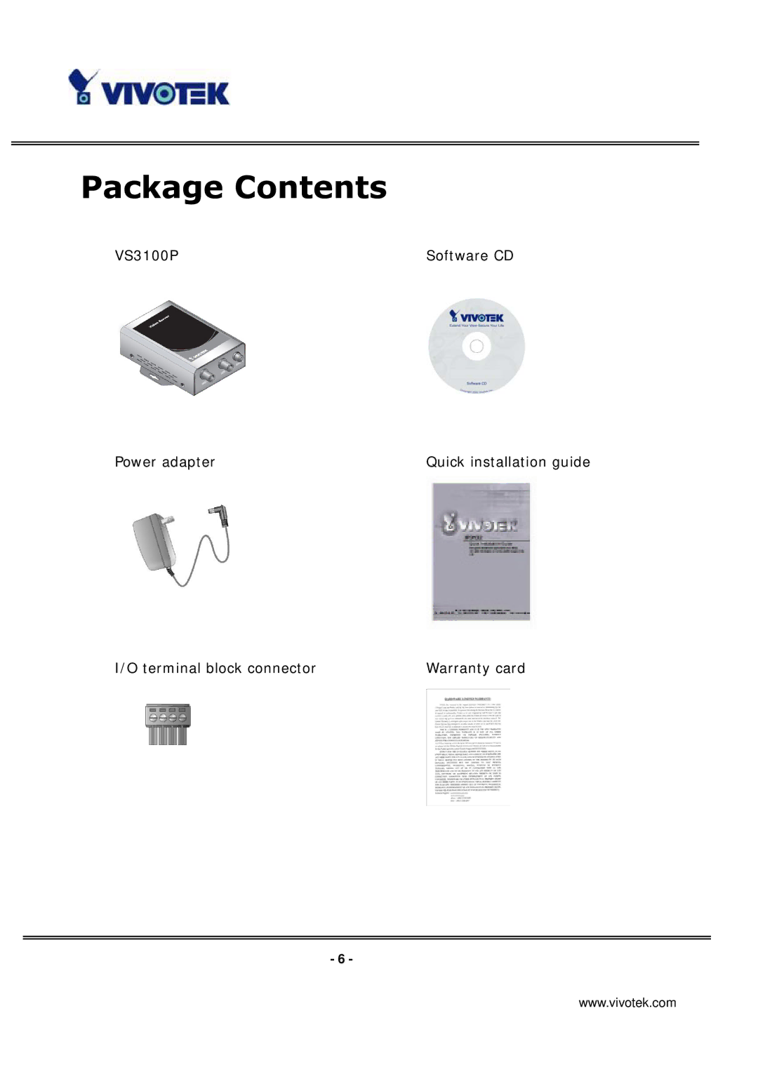 Vivotek VS3100P manual Package Contents 