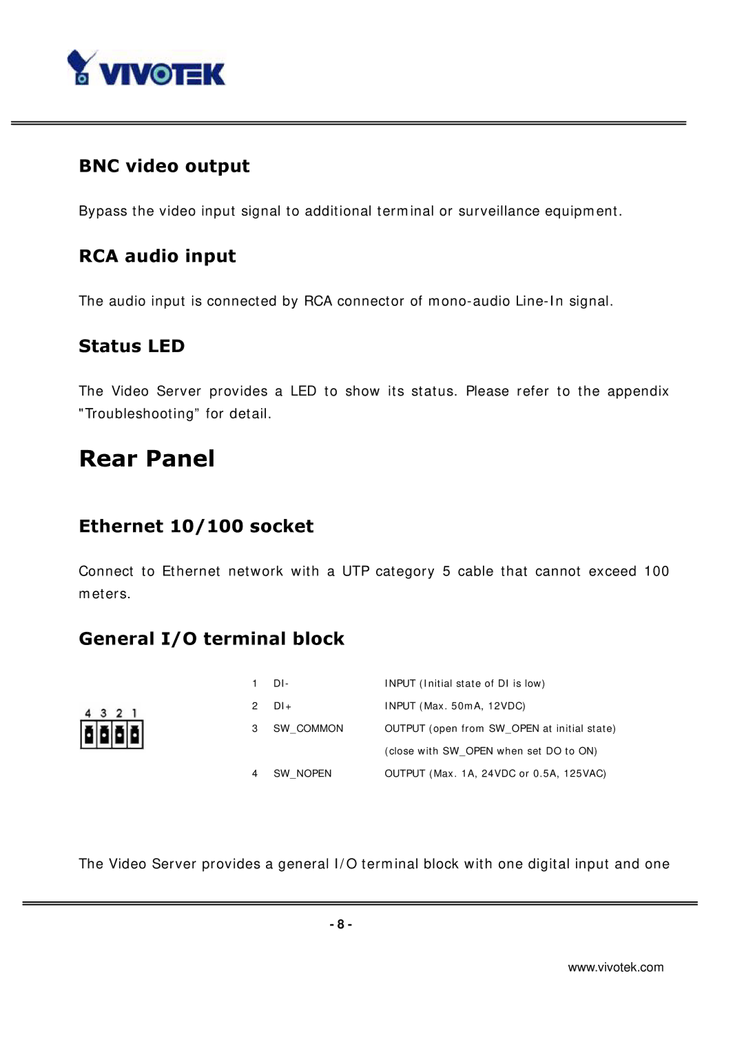 Vivotek VS3100P manual Rear Panel 