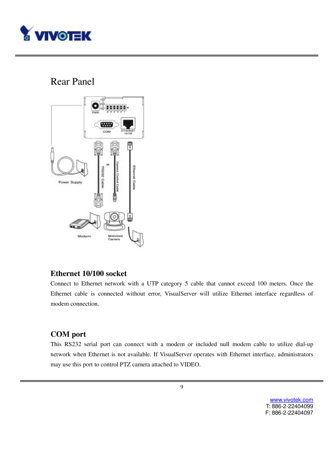 Vivotek VS3102 user manual Rear Panel, Ethernet 10/100 socket, COM port 