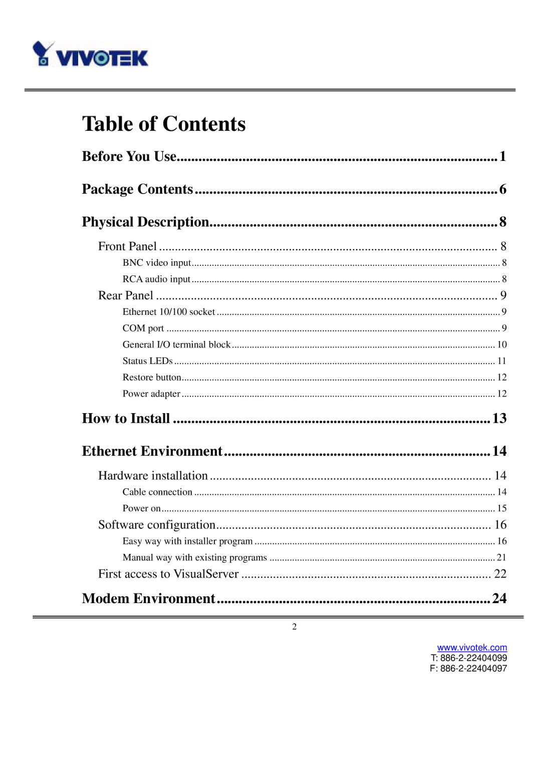 Vivotek VS3102 user manual Table of Contents 