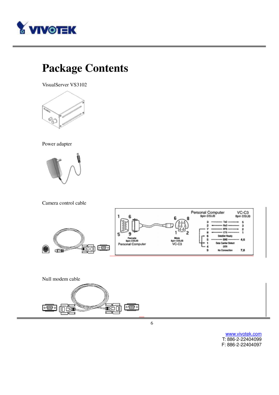 Vivotek VS3102 user manual Package Contents 