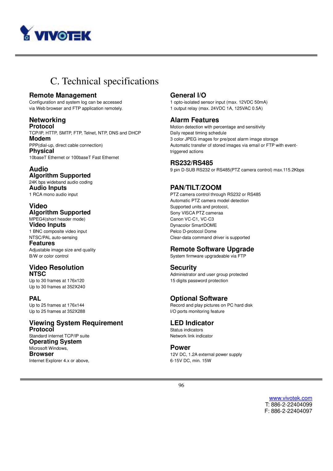 Vivotek VS3102 user manual Technical specifications, Networking 