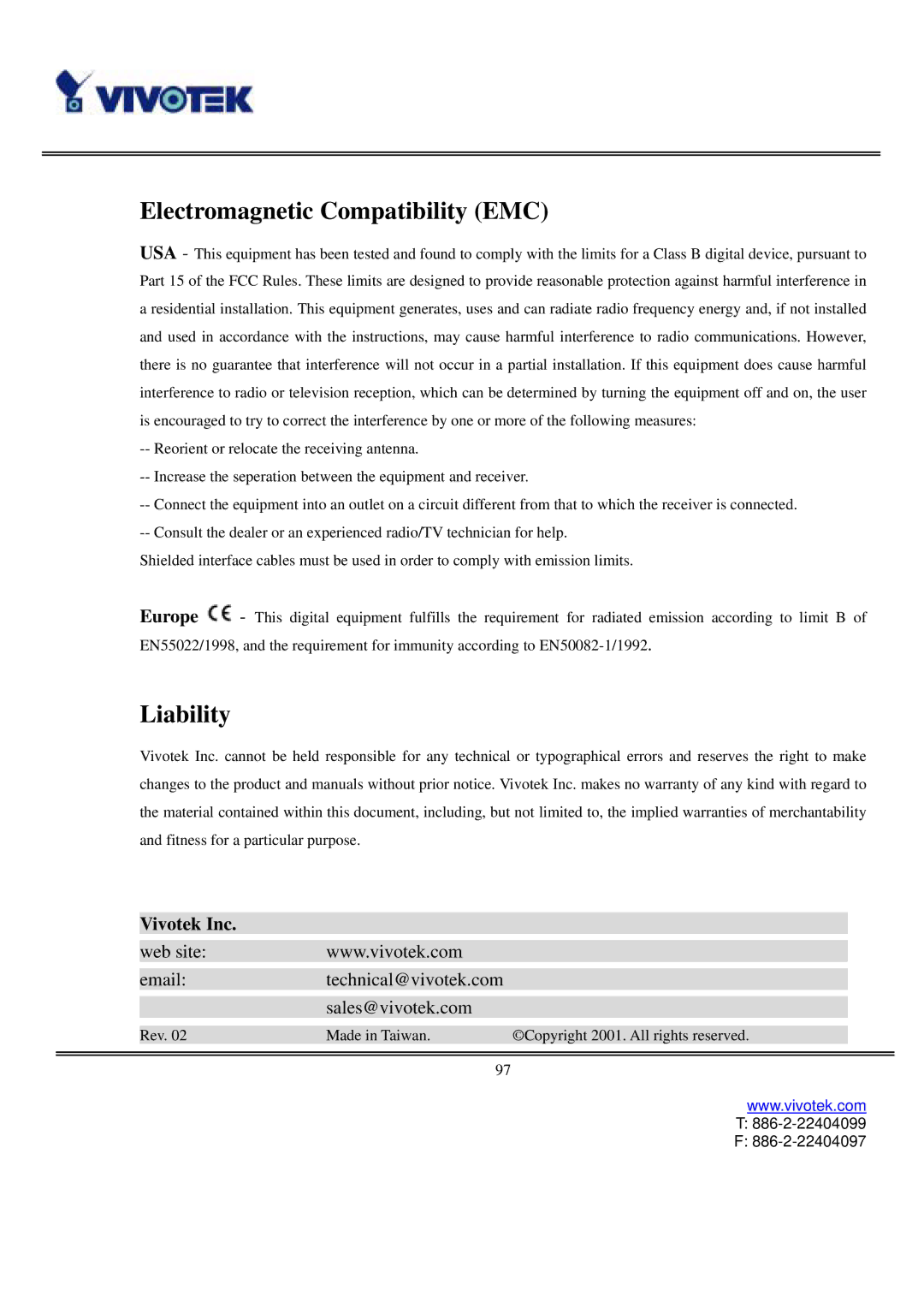 Vivotek VS3102 user manual Electromagnetic Compatibility EMC 