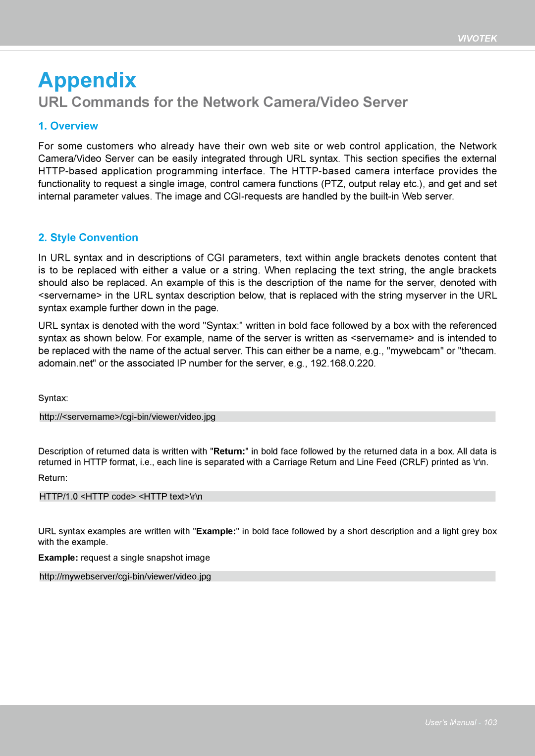 Vivotek VS8100 user manual Appendix, URL Commands for the Network Camera/Video Server 