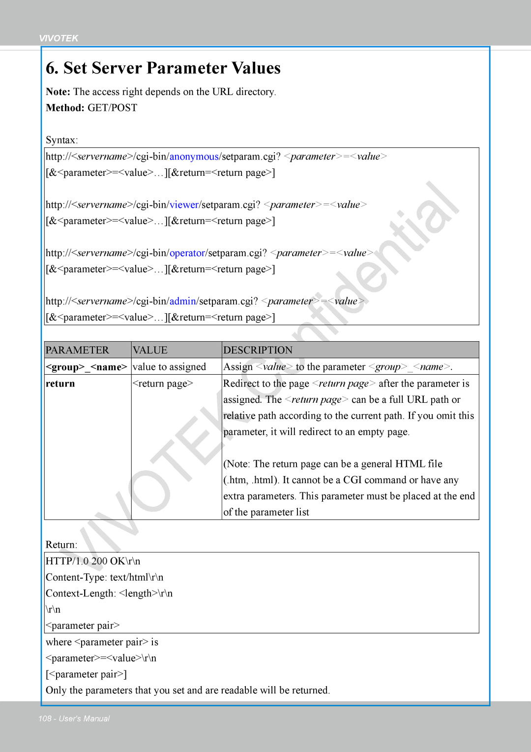 Vivotek VS8100 user manual Set Server Parameter Values, Value to assigned Assign value to the parameter groupname 