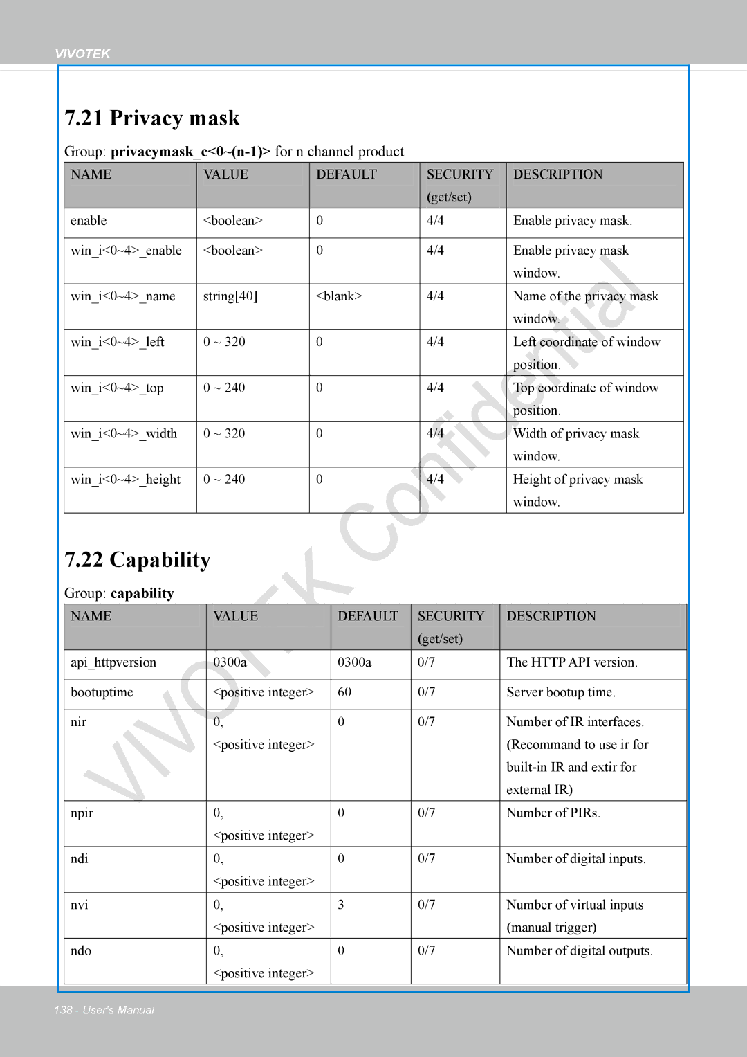 Vivotek VS8100 user manual Privacy mask, Capability, Group privacymaskc0~n-1for n channel product 