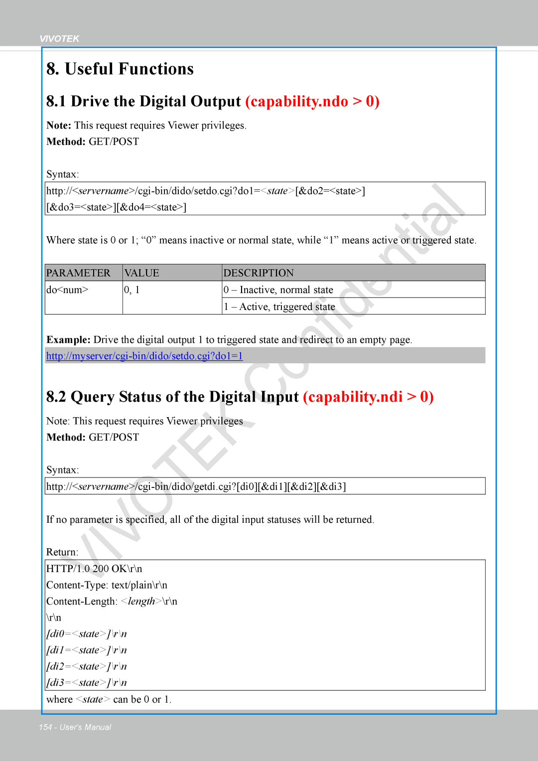 Vivotek VS8100 user manual Drive the Digital Output capability.ndo, Query Status of the Digital Input capability.ndi 