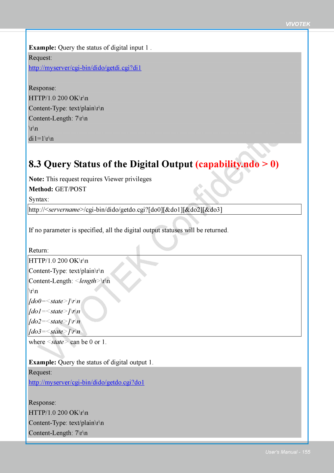 Vivotek VS8100 Query Status of the Digital Output capability.ndo, Example Query the status of digital input Request 