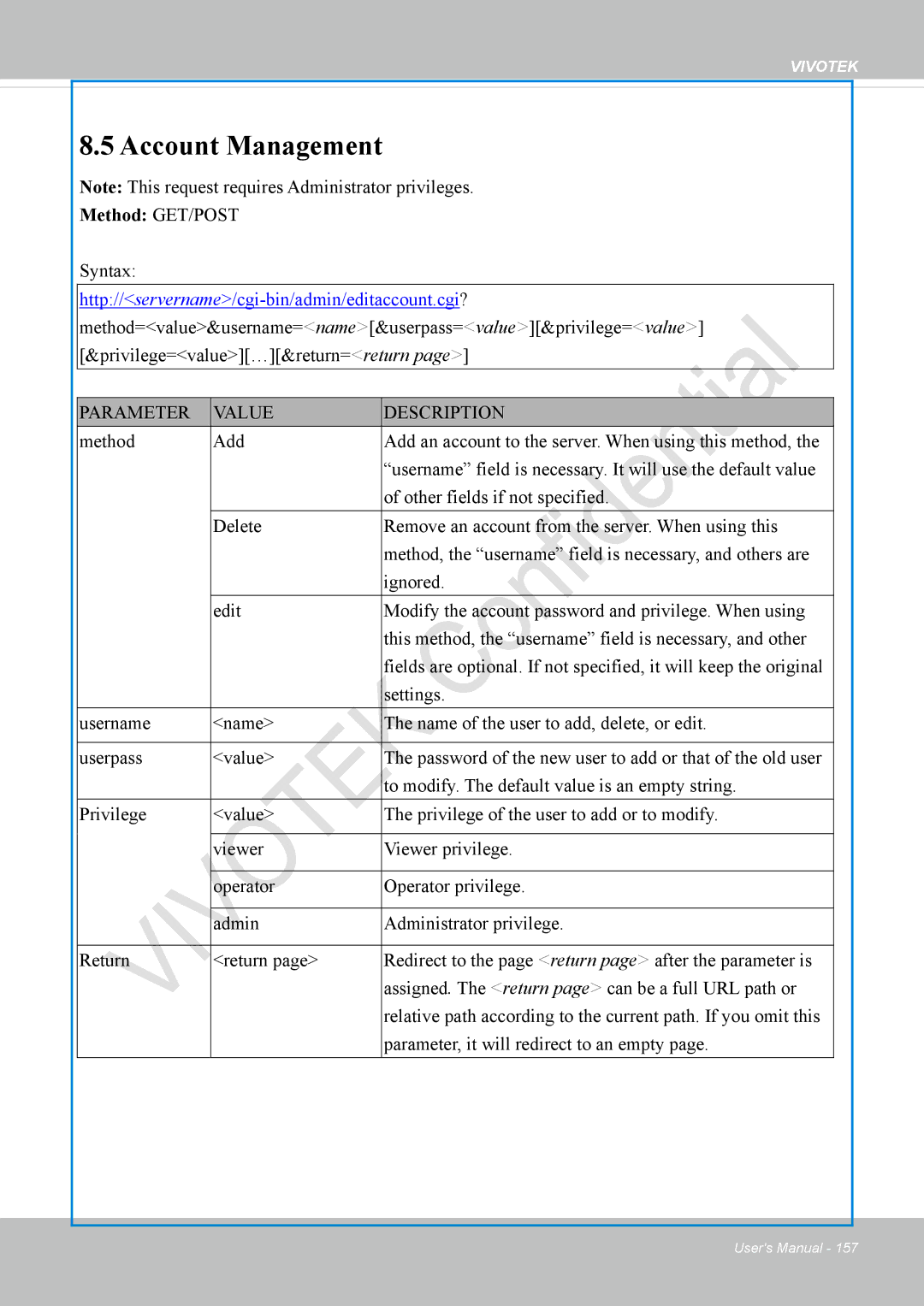 Vivotek VS8100 user manual Account Management, Syntax 