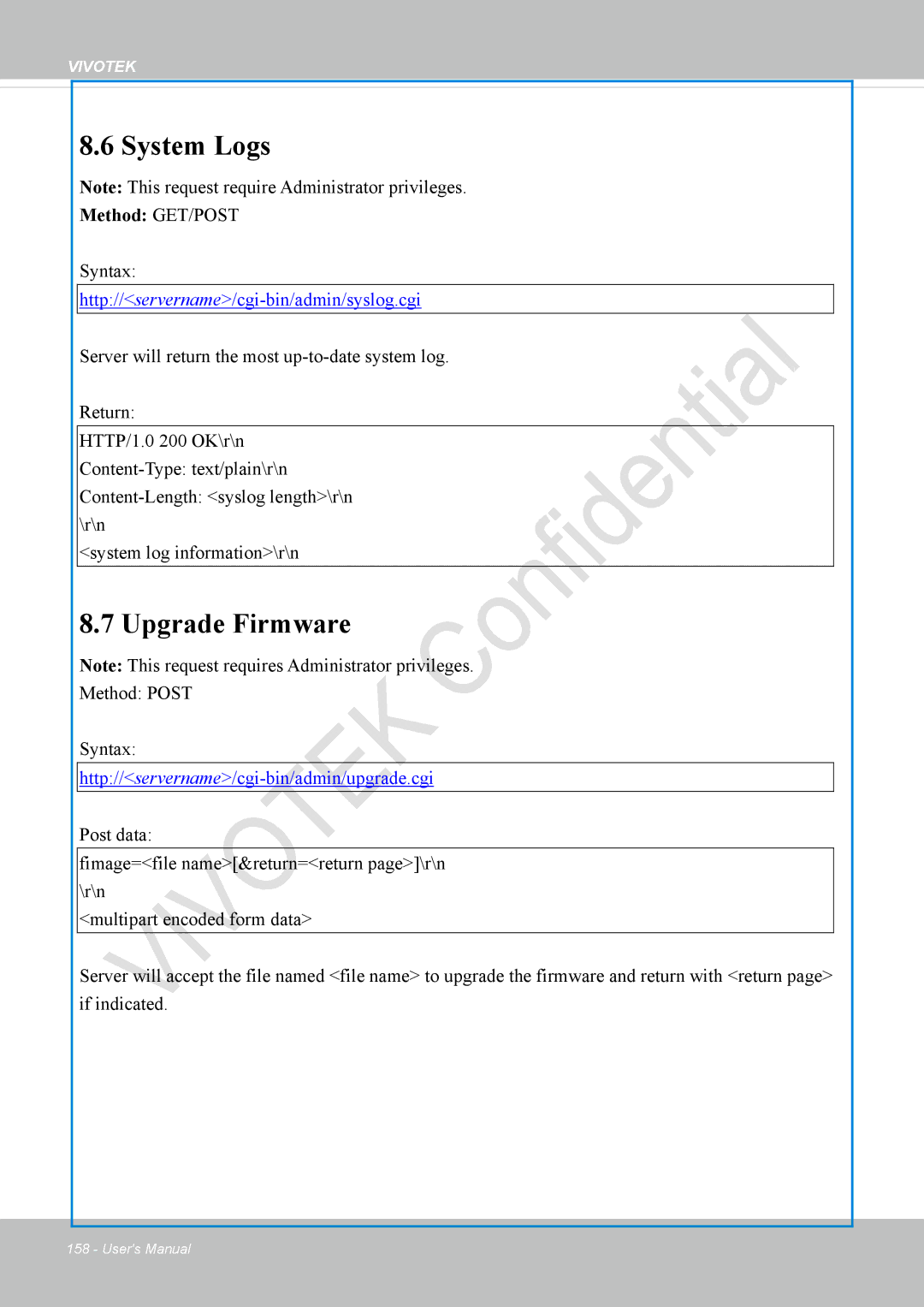 Vivotek VS8100 user manual System Logs, Upgrade Firmware, Method Post Syntax 