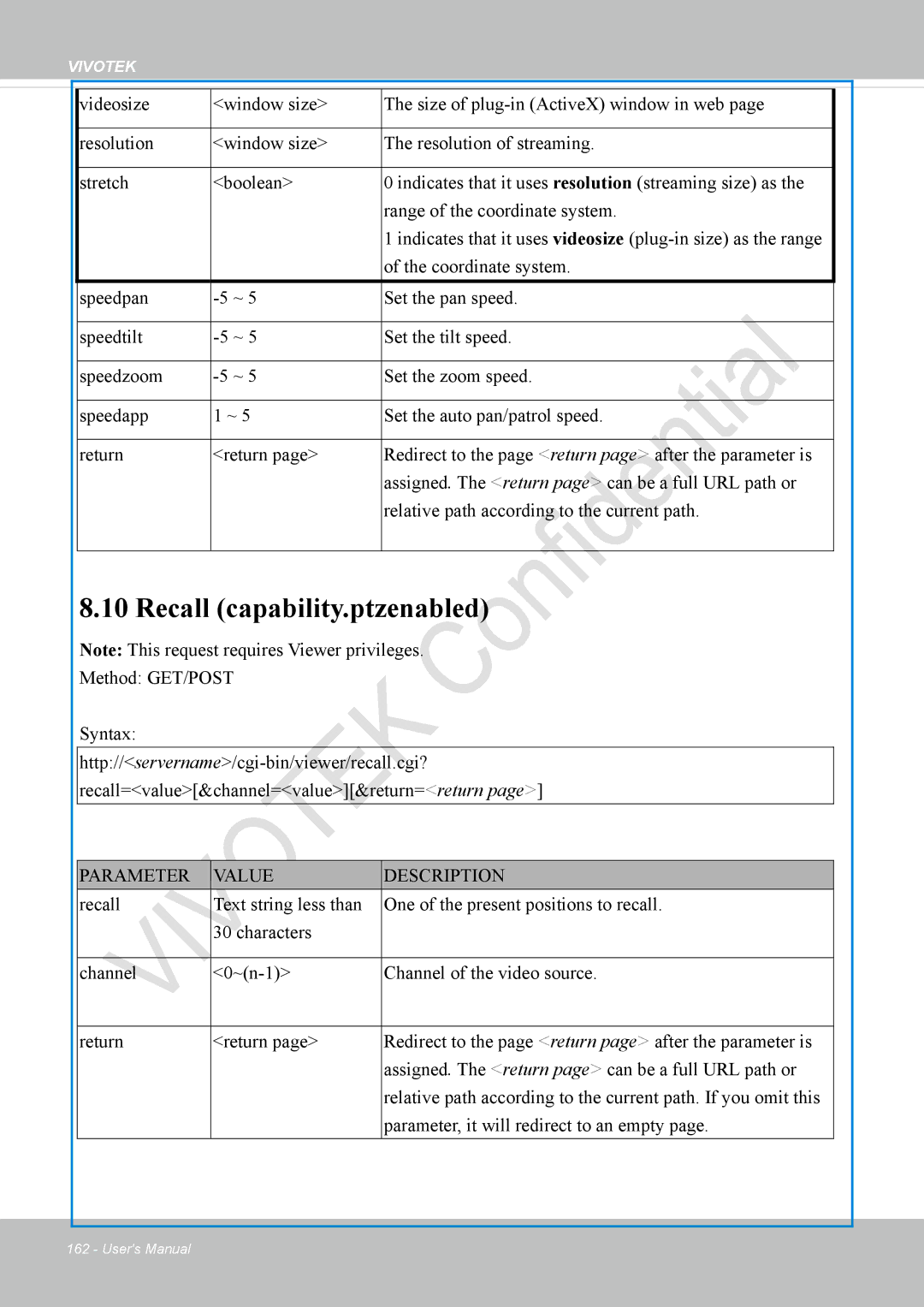 Vivotek VS8100 user manual Recall capability.ptzenabled 