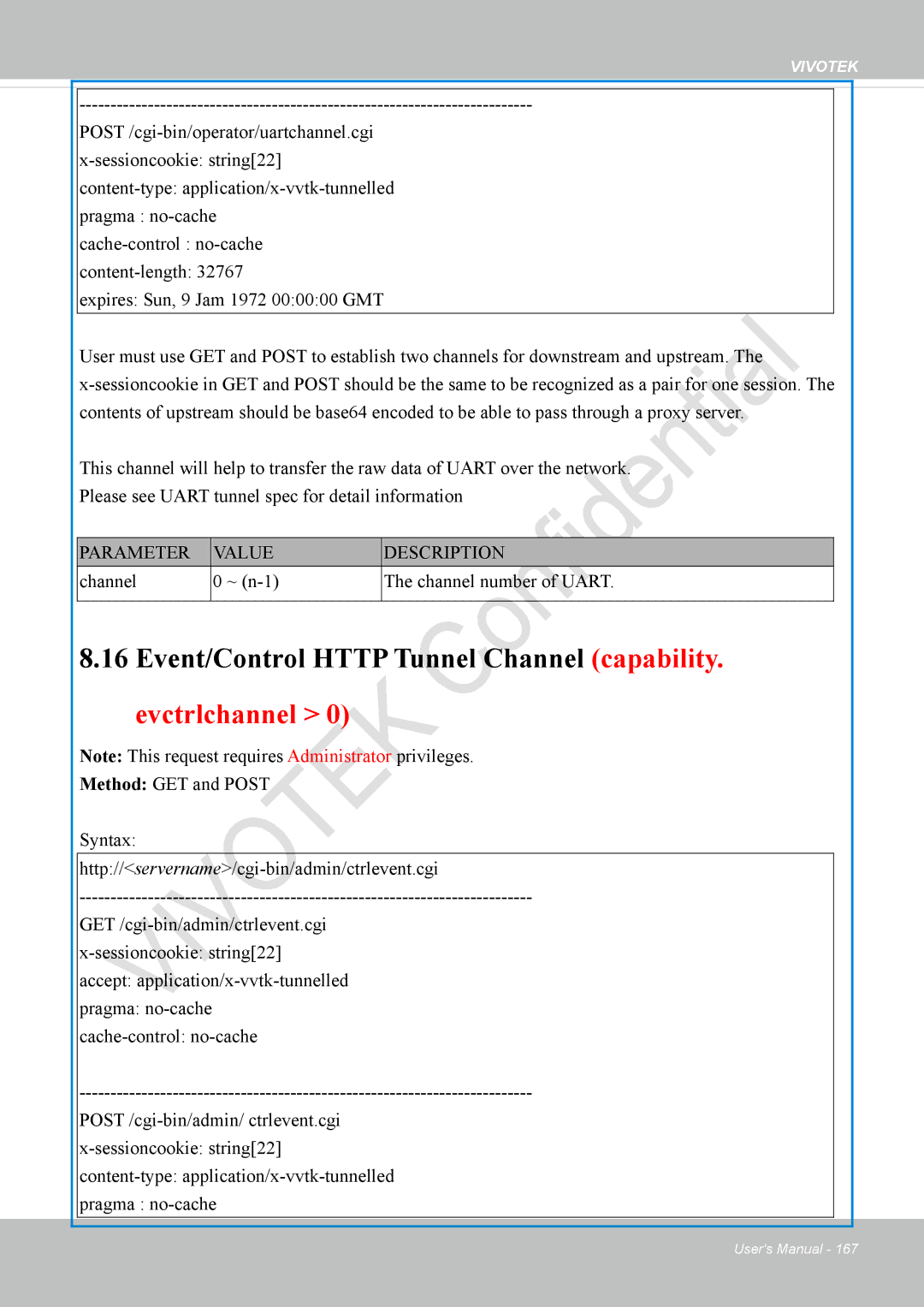 Vivotek VS8100 user manual Event/Control Http Tunnel Channel capability, Channel ~ n-1 Channel number of Uart 