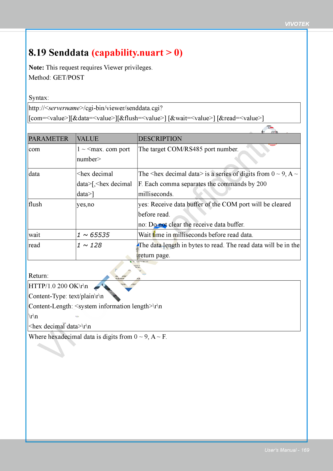 Vivotek VS8100 user manual Senddata capability.nuart 