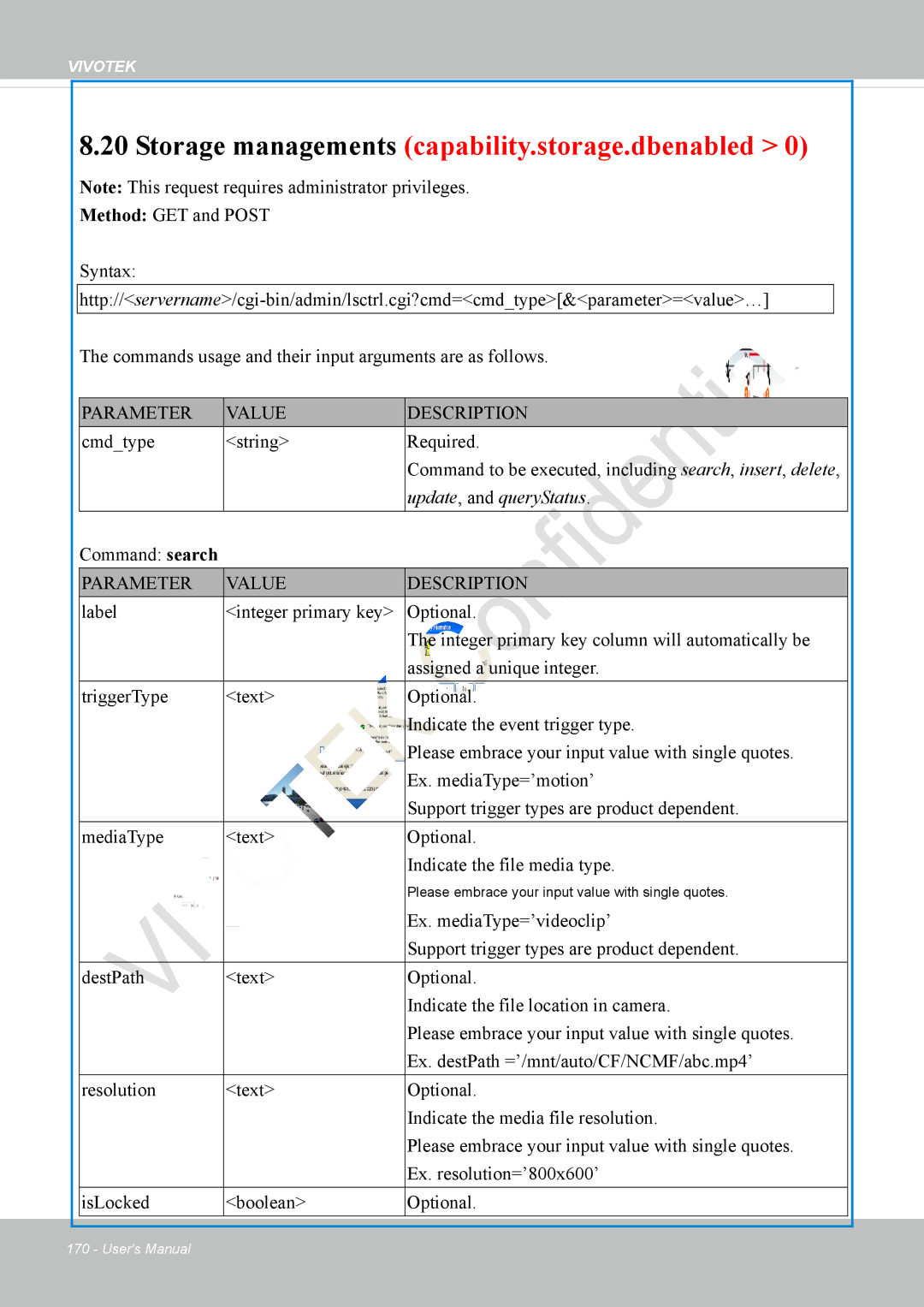 Vivotek VS8100 user manual Storage managements capability.storage.dbenabled, Command search 