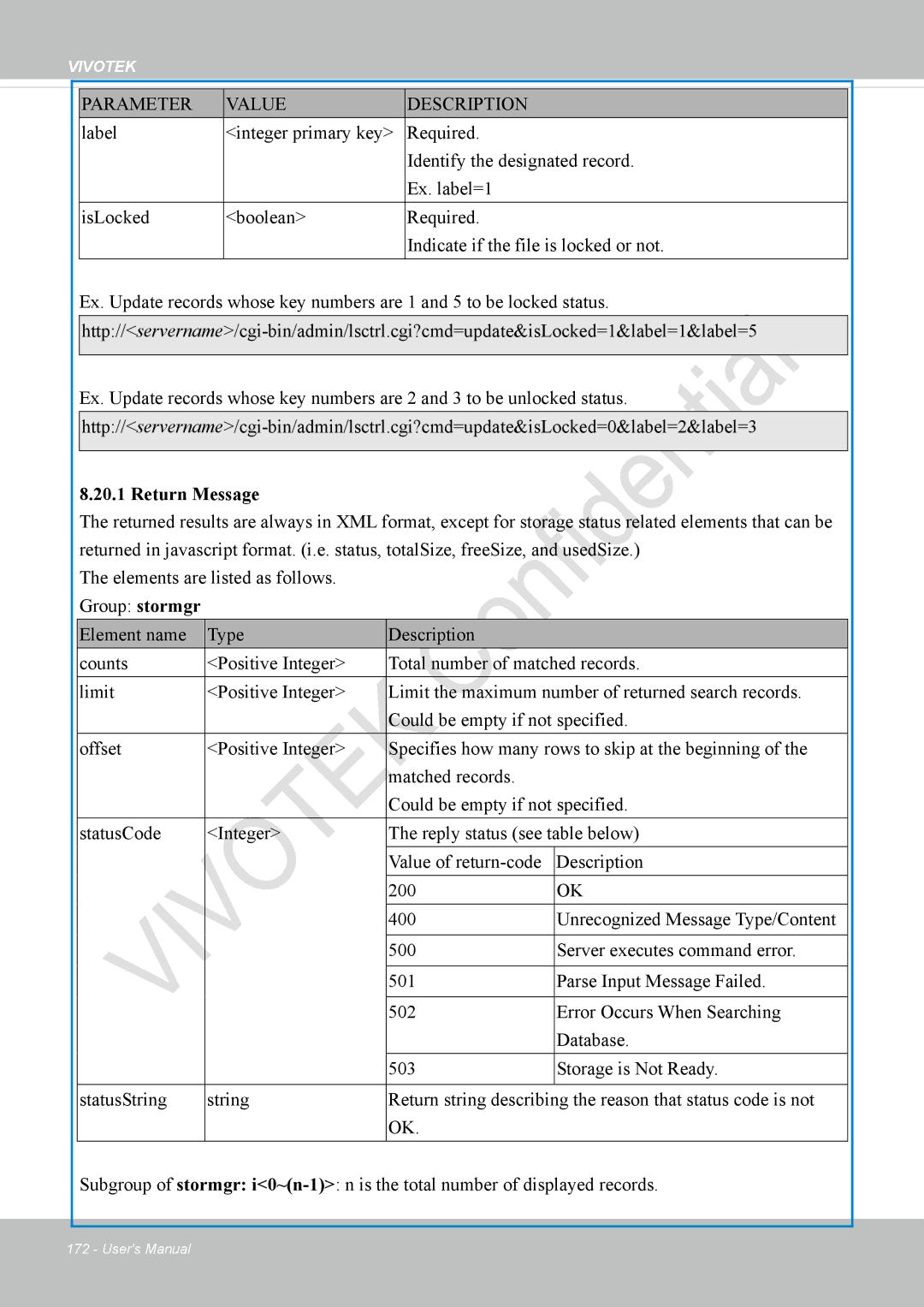 Vivotek VS8100 user manual Return Message 