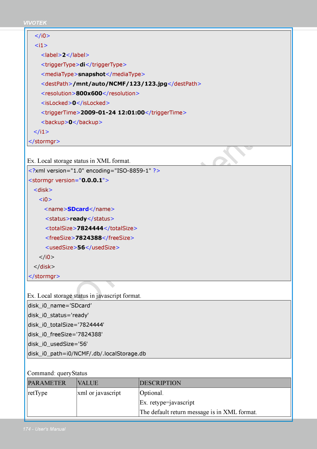 Vivotek VS8100 Ex. Local storage status in XML format, Ex. Local storage status in javascript format, Command queryStatus 