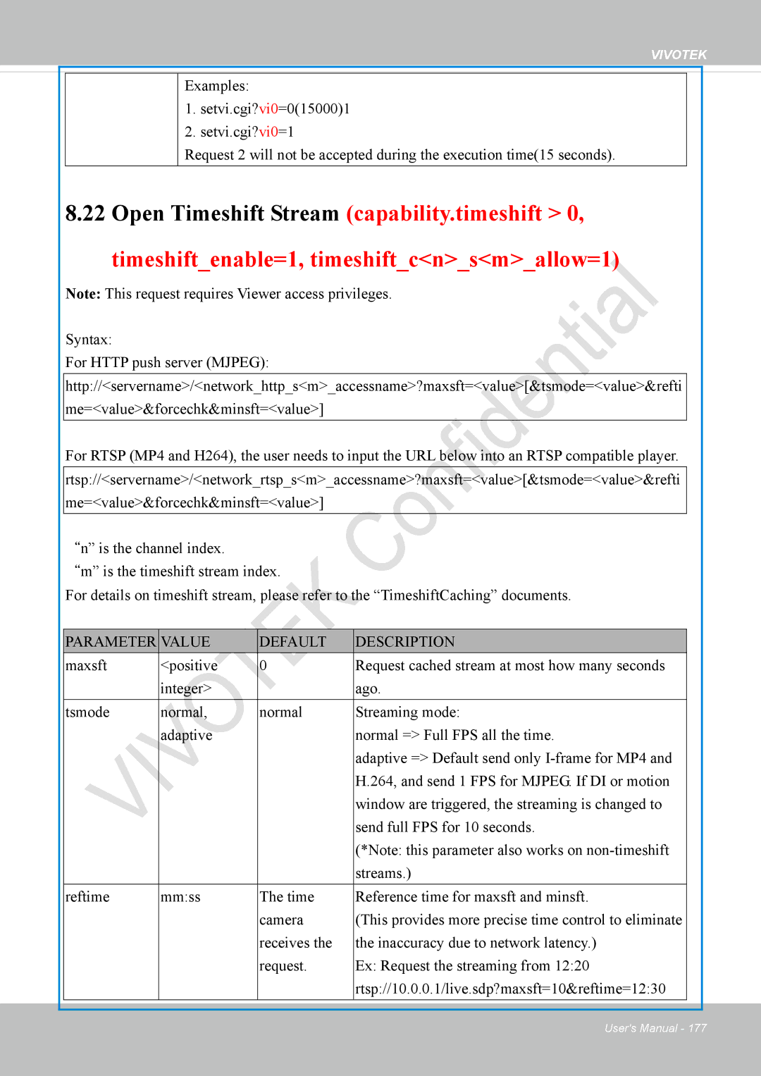 Vivotek VS8100 user manual Open Timeshift Stream capability.timeshift, Timeshiftenable=1, timeshiftcnsmallow=1 