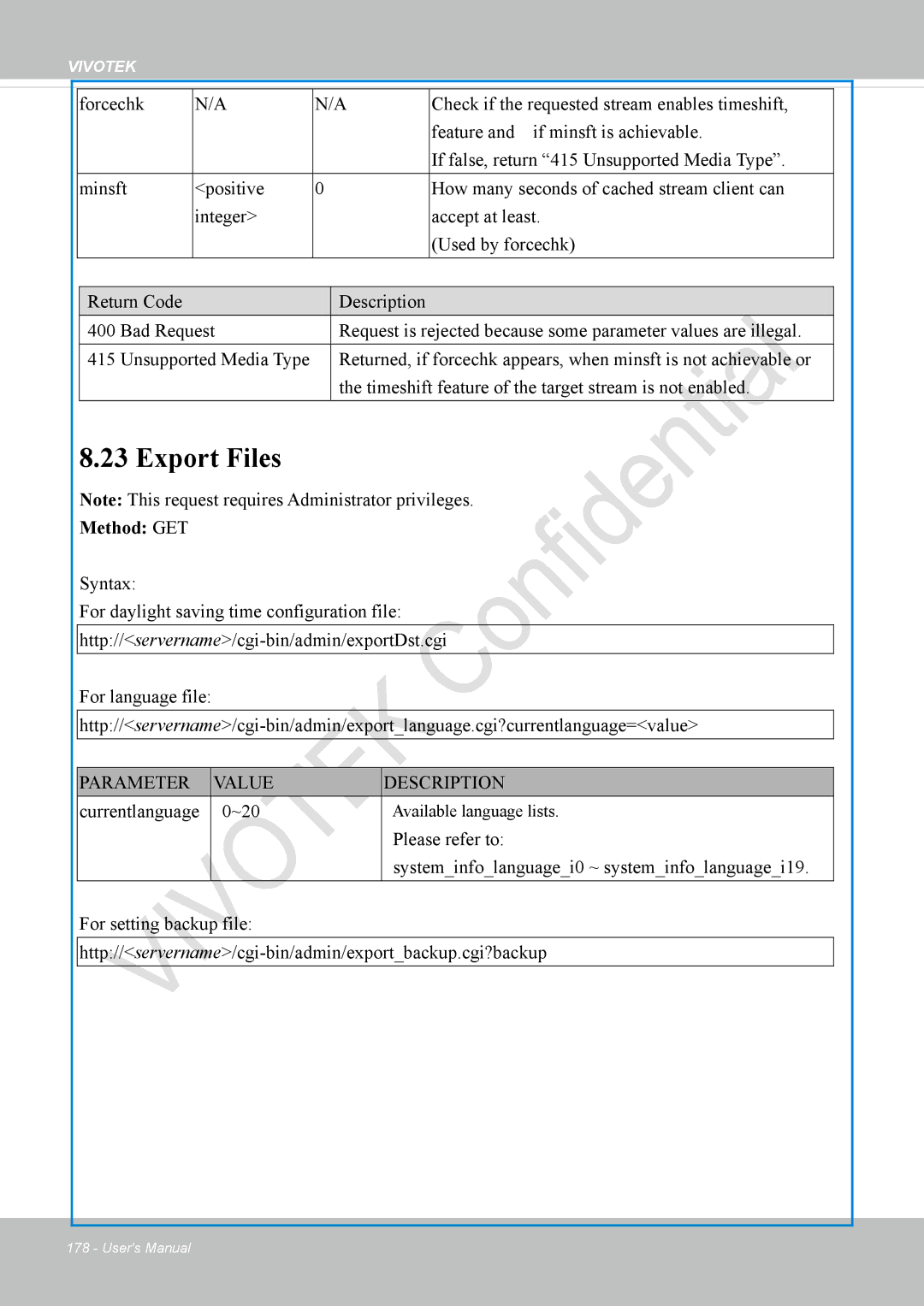 Vivotek VS8100 user manual Export Files, Currentlanguage ~20 