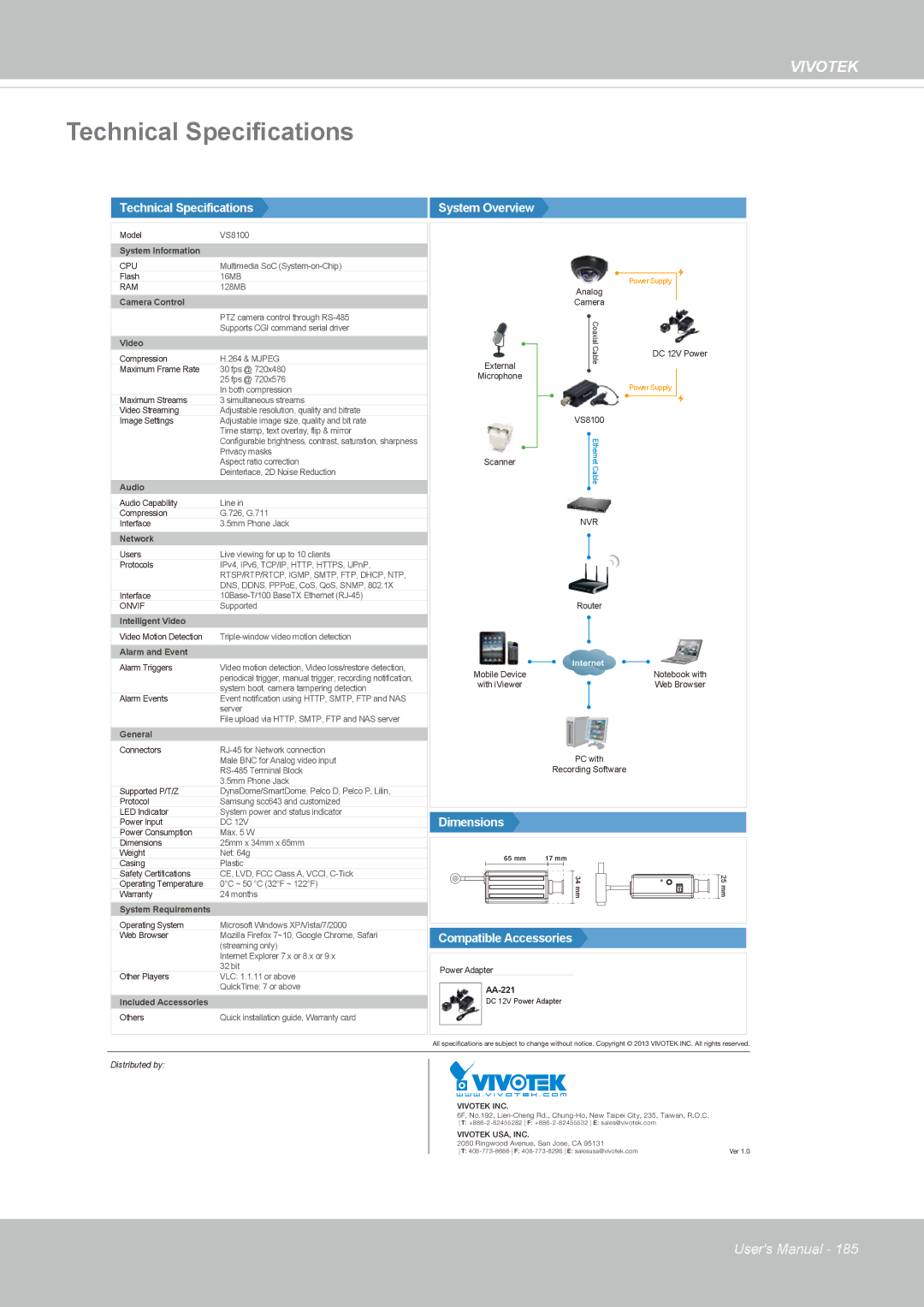 Vivotek VS8100 user manual Technical Specifications 