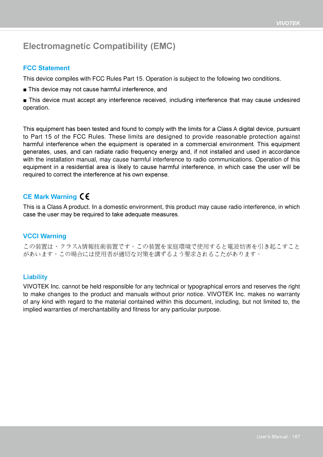 Vivotek VS8100 user manual Electromagnetic Compatibility EMC, Liability 