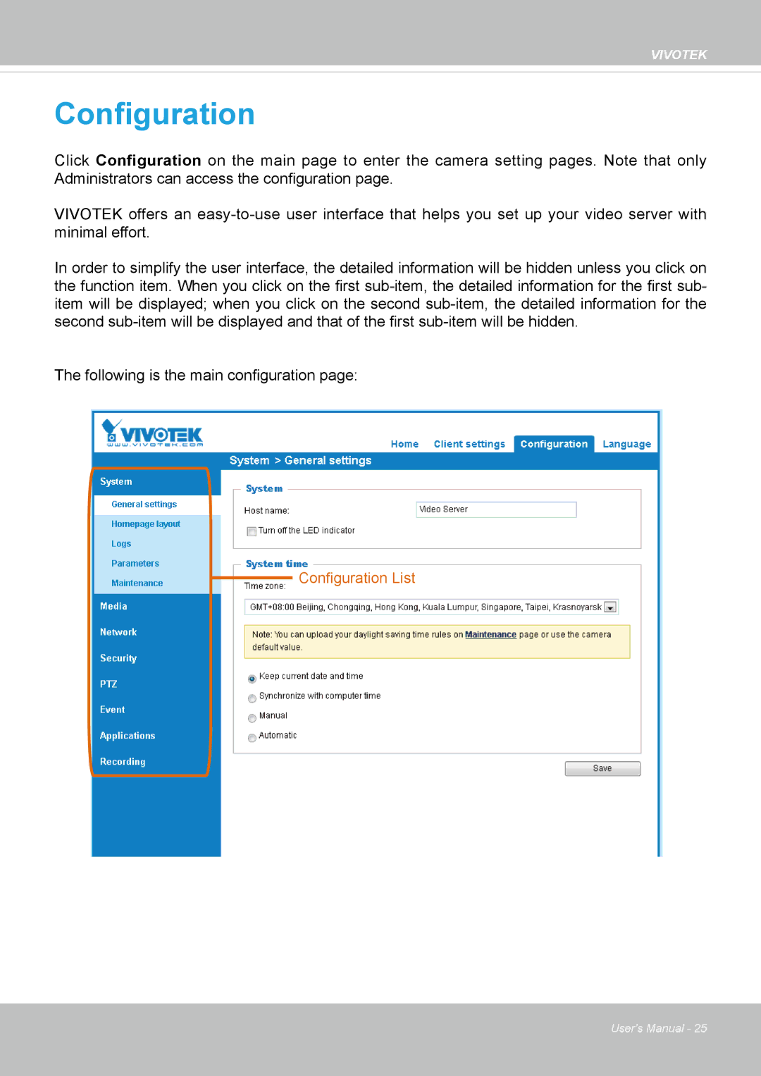 Vivotek VS8100 user manual Configuration 