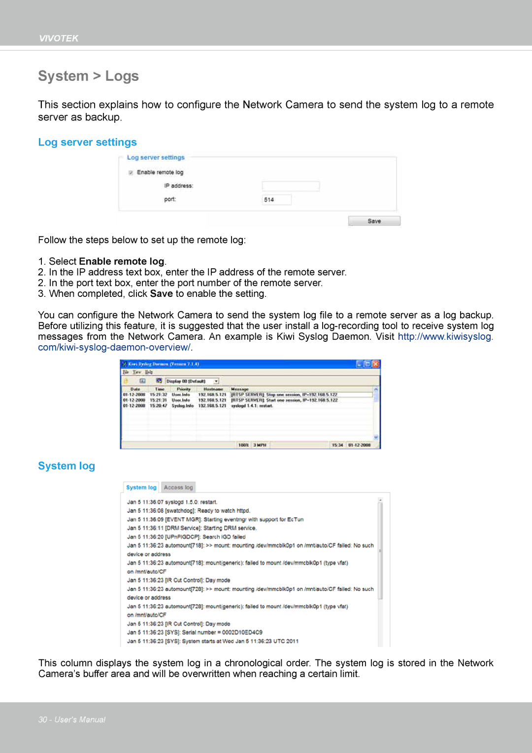 Vivotek VS8100 user manual System Logs, Log server settings, System log 