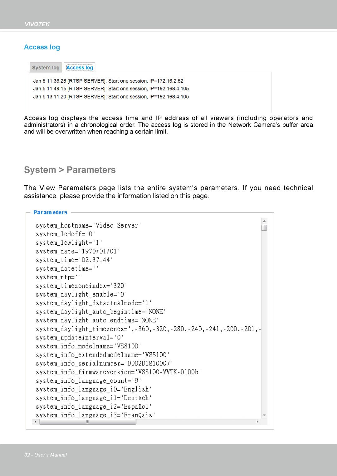 Vivotek VS8100 user manual System Parameters, Access log 