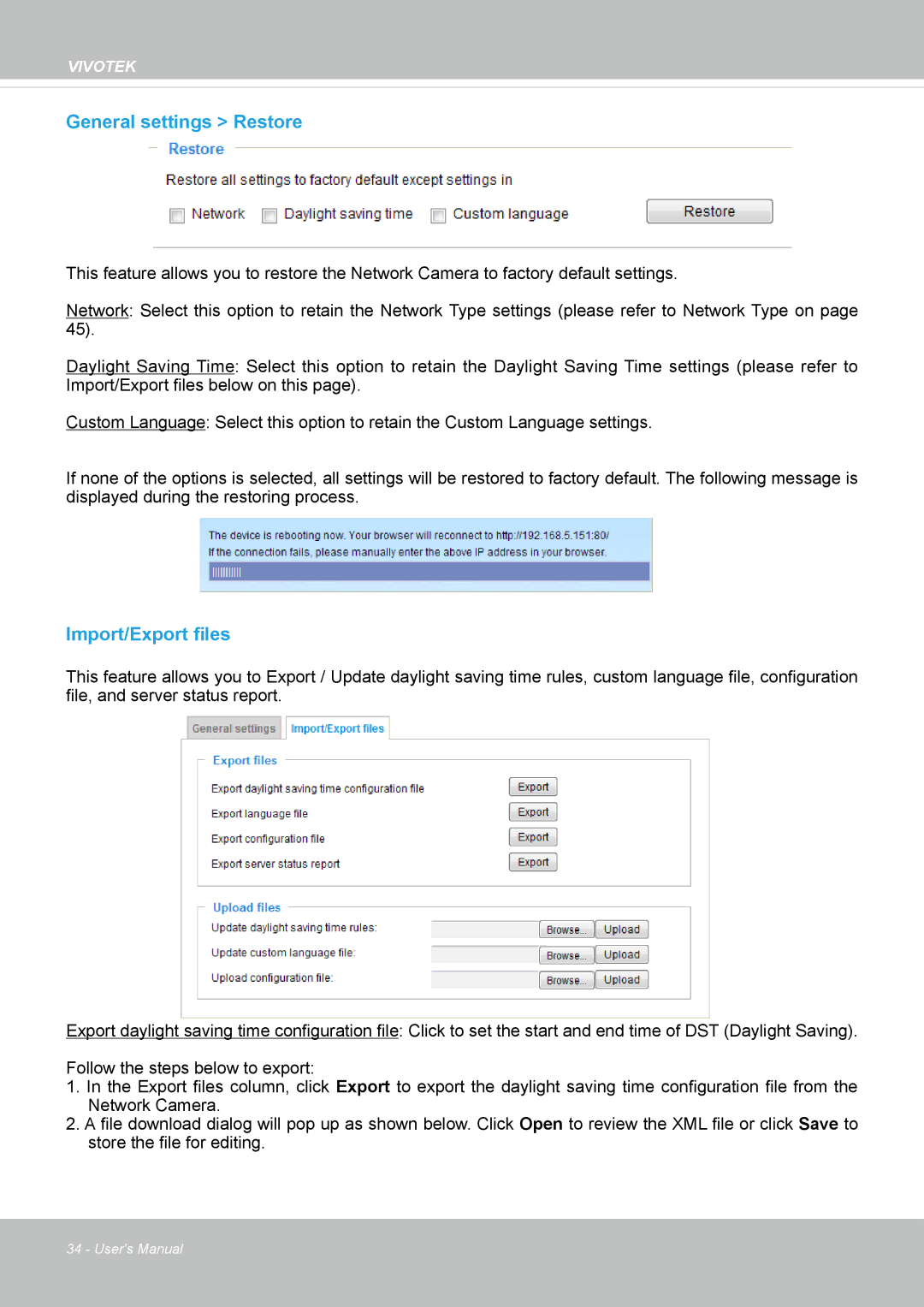 Vivotek VS8100 user manual General settings Restore, Import/Export files 