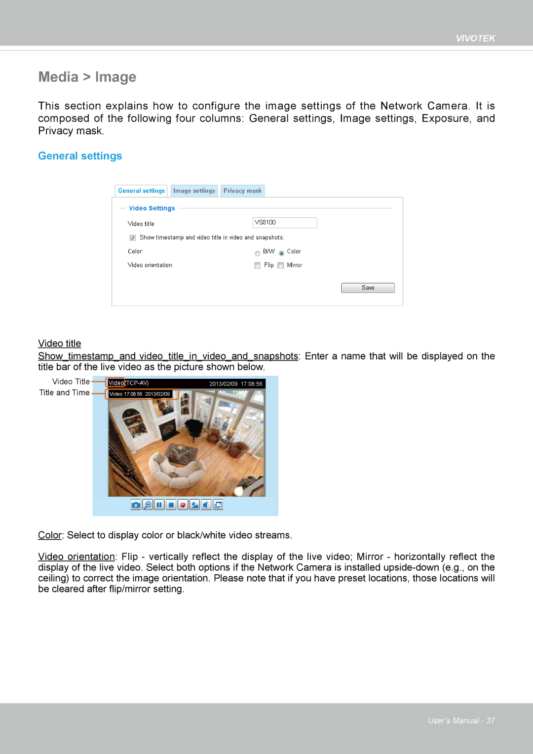 Vivotek VS8100 user manual Media Image, General settings 