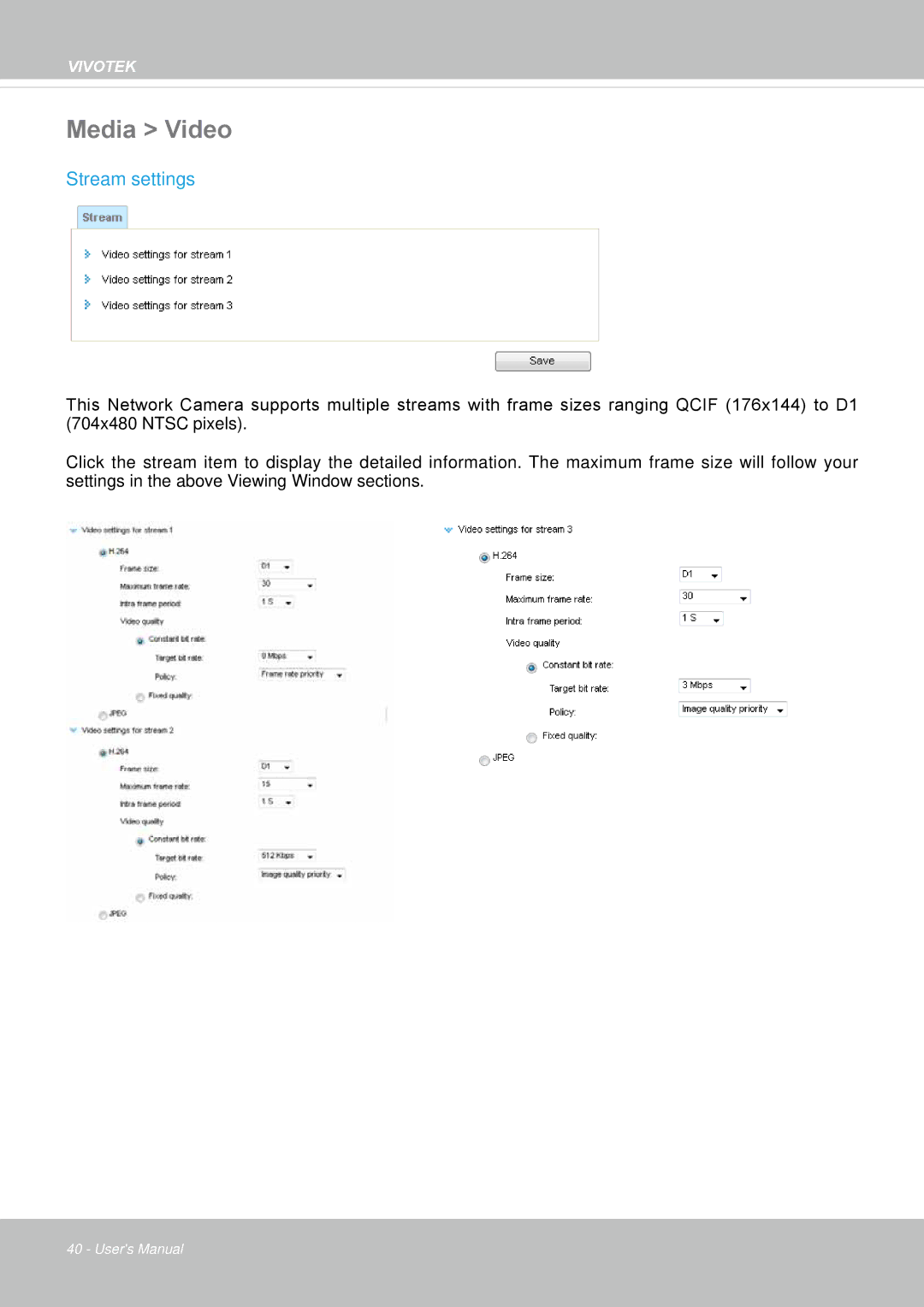 Vivotek VS8100 user manual Media Video, Stream settings 