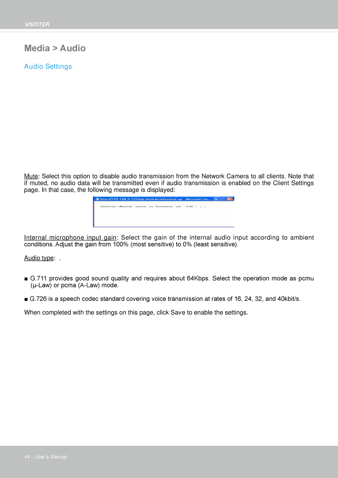 Vivotek VS8100 user manual Media Audio, Audio Settings 