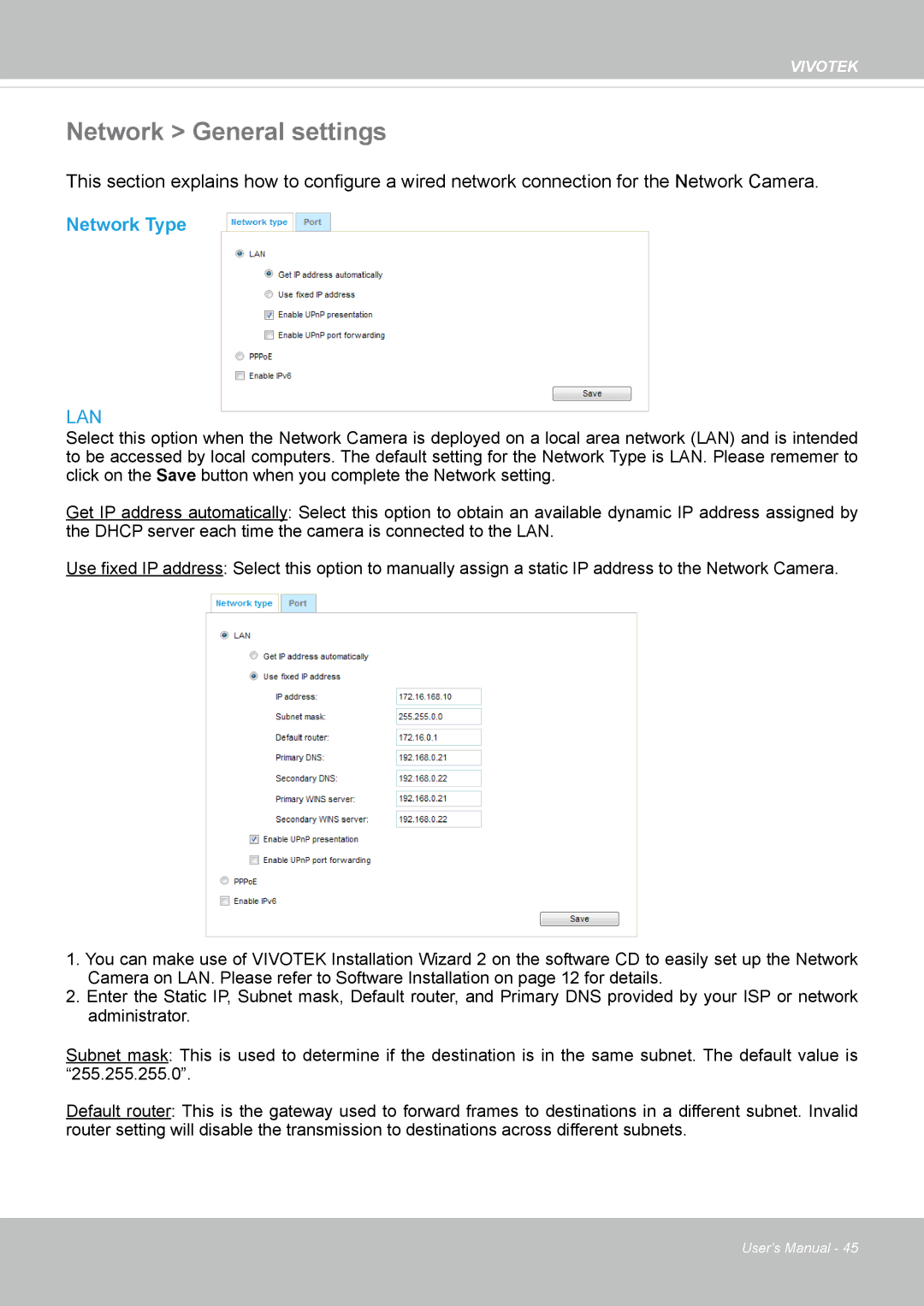 Vivotek VS8100 user manual Network General settings, Network Type 