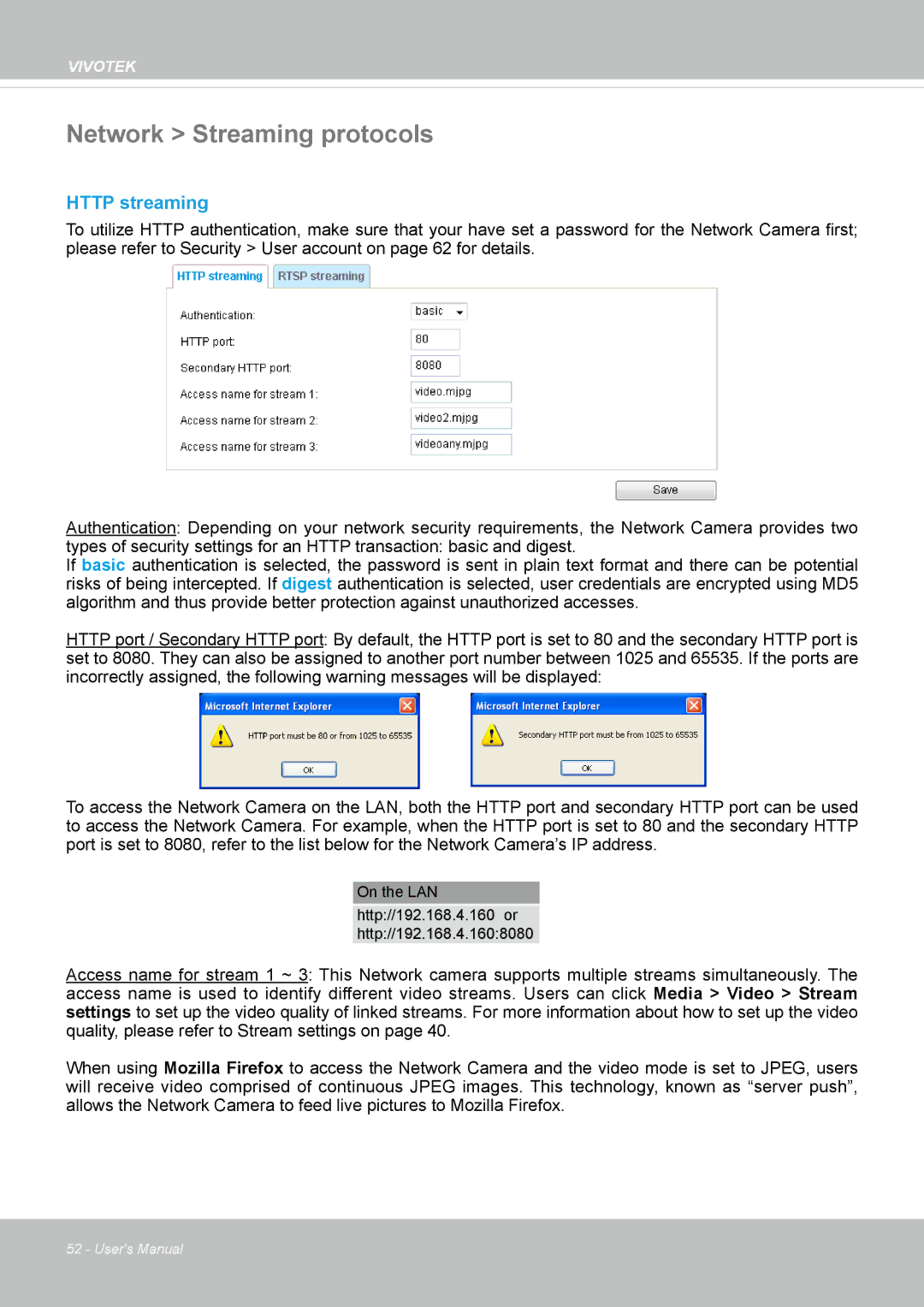 Vivotek VS8100 user manual Network Streaming protocols, Http streaming 