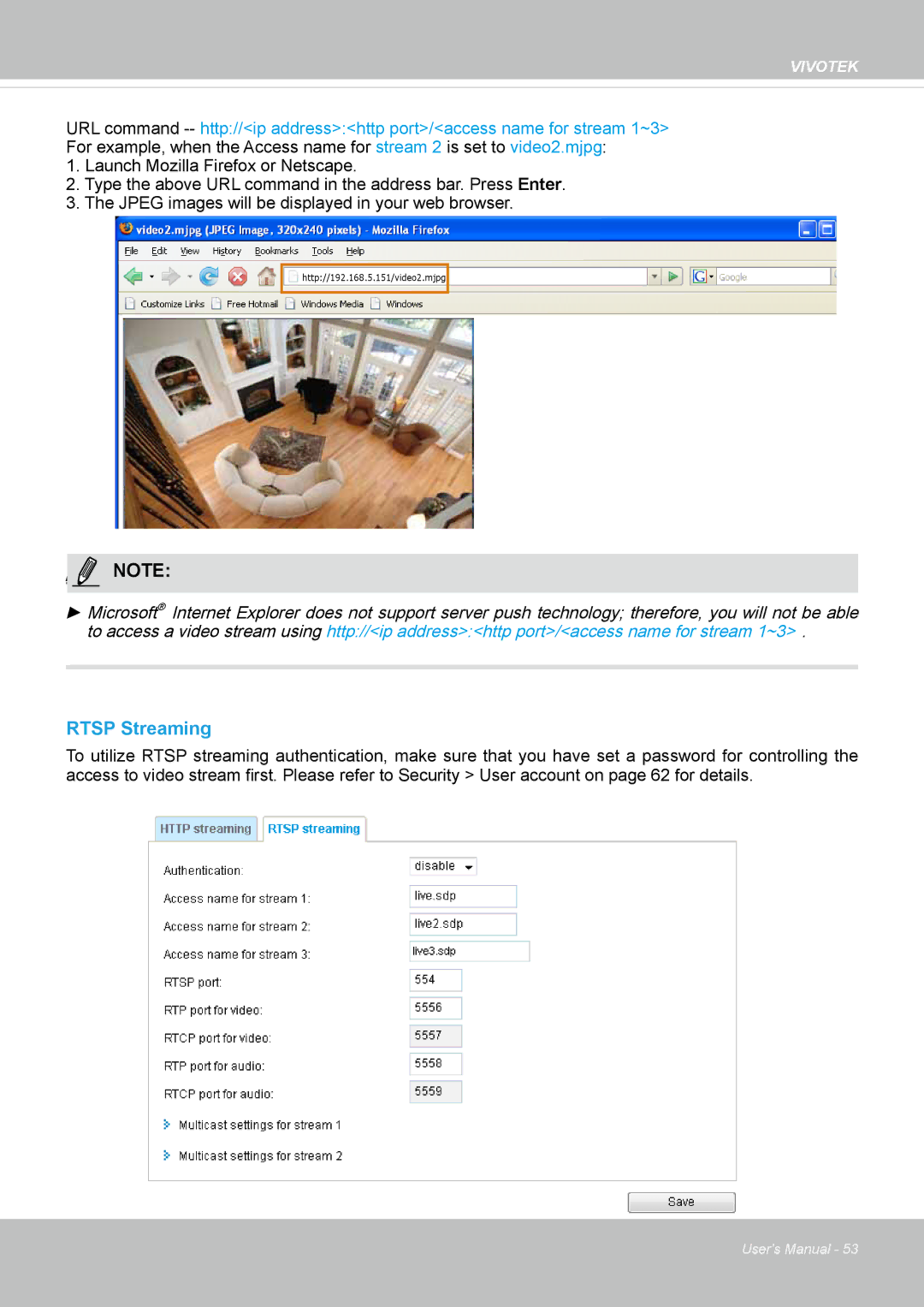 Vivotek VS8100 user manual Rtsp Streaming 