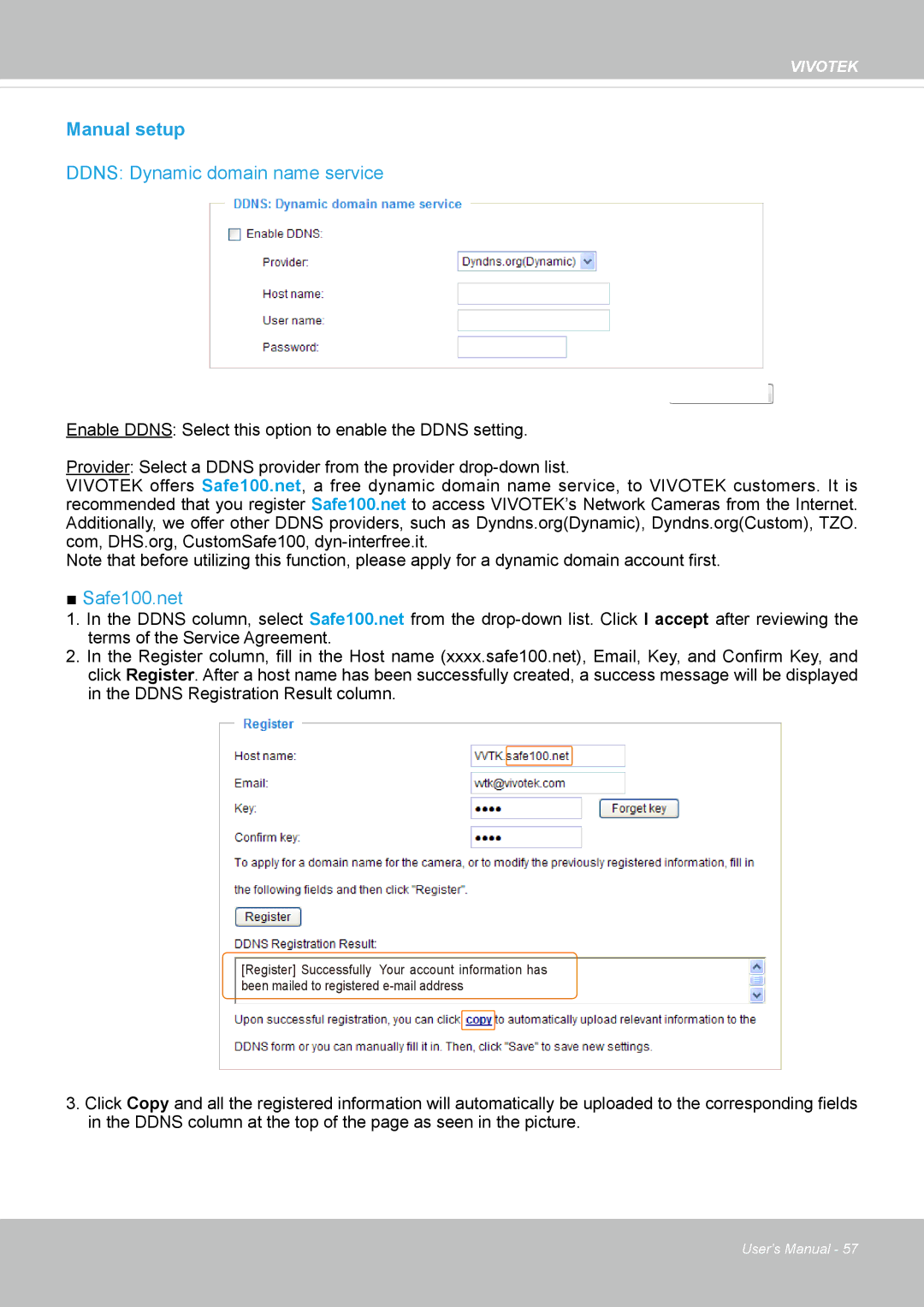 Vivotek VS8100 user manual Manual setup, Ddns Dynamic domain name service 