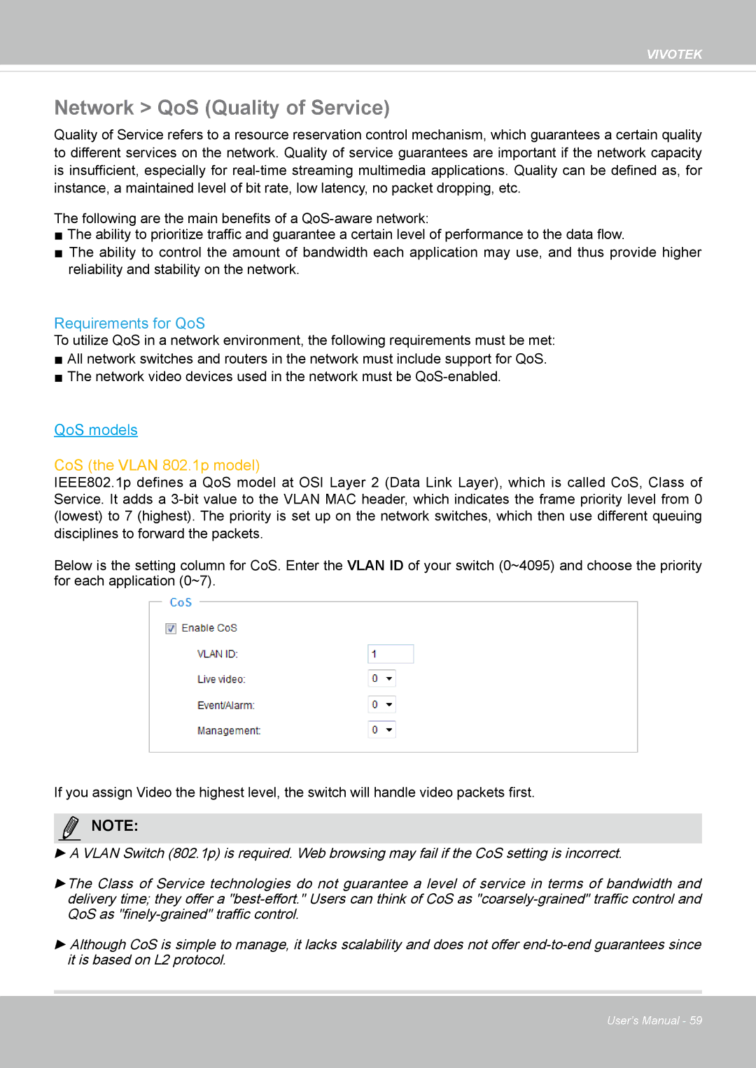 Vivotek VS8100 user manual Network QoS Quality of Service, Requirements for QoS 