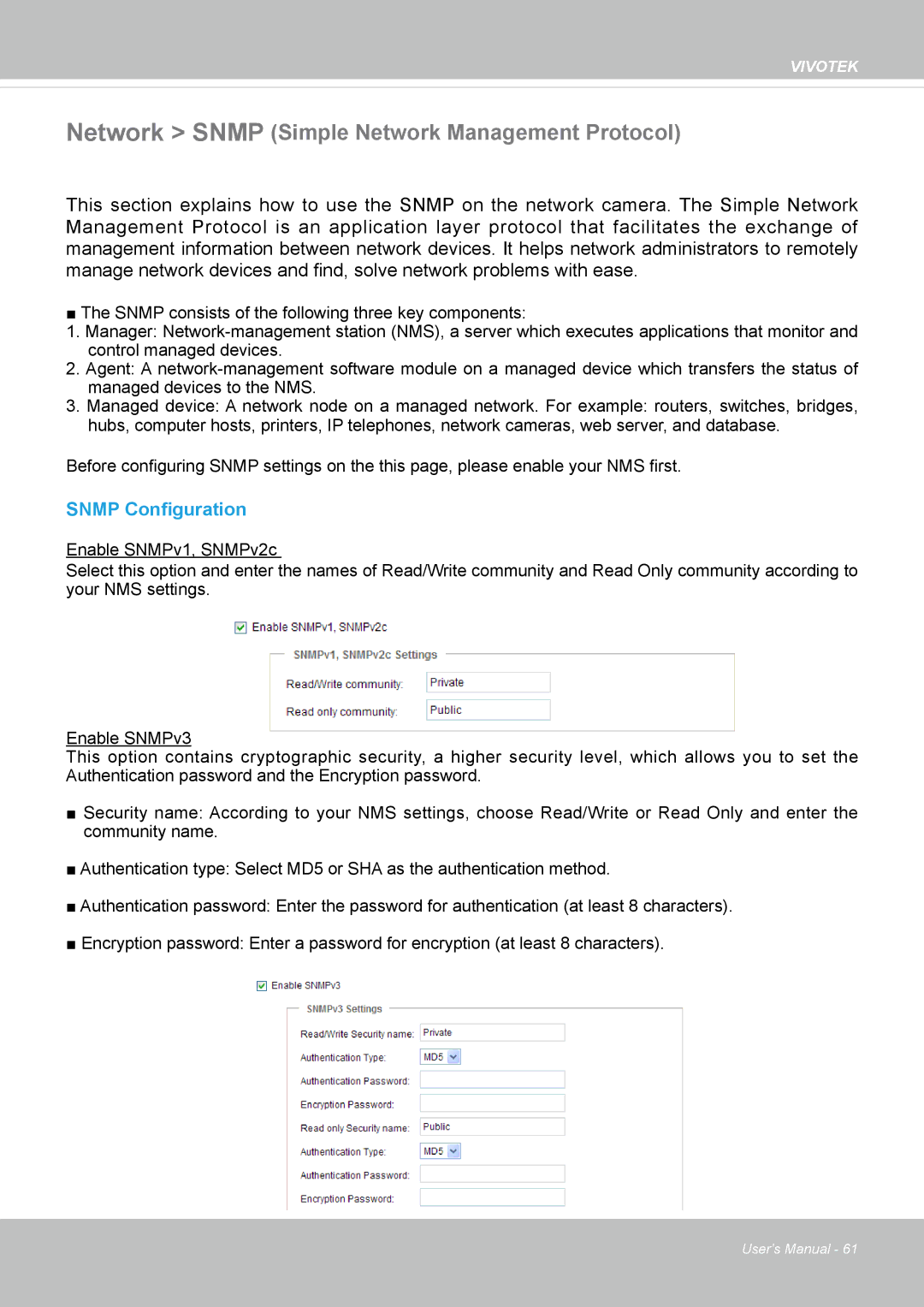 Vivotek VS8100 user manual Network Snmp Simple Network Management Protocol, Snmp Configuration 