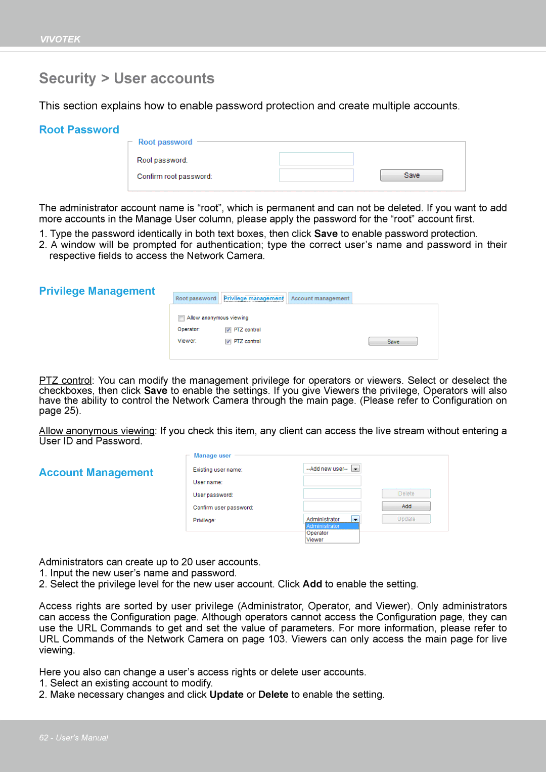 Vivotek VS8100 user manual Security User accounts, Root Password, Privilege Management, Account Management 