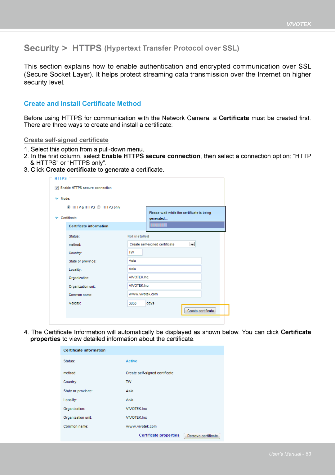 Vivotek VS8100 user manual Security Https Hypertext Transfer Protocol over SSL, Create and Install Certificate Method 