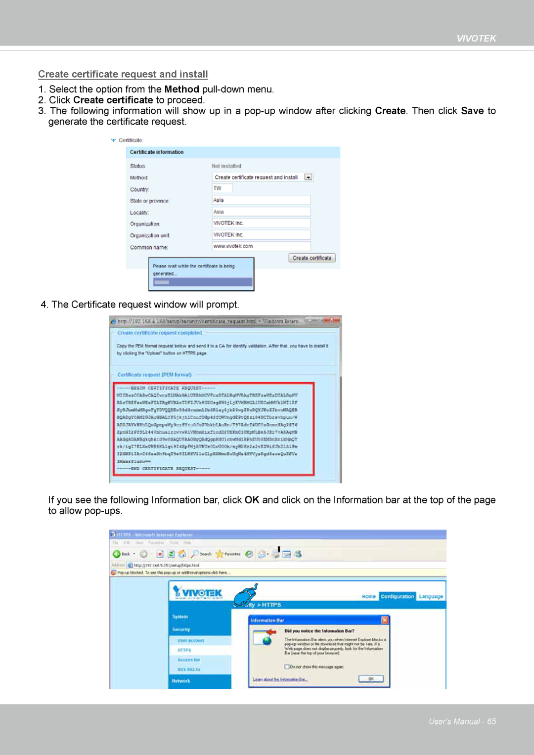 Vivotek VS8100 user manual Create certificate request and install 